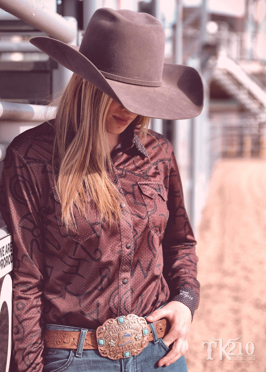 Cool Cowgirl® Perforated Cooling Shirt! Brown Background with Brands P